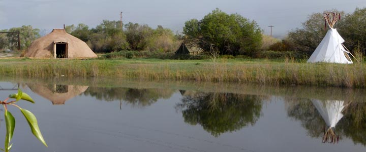 Green University Campus: Earthlodge, pond, and tipi.